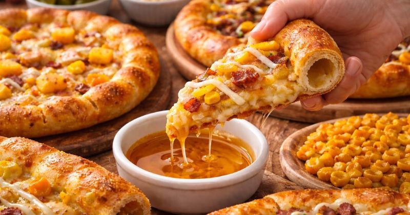 꿀에 피자 조각을 찍어 먹는 모습. 치즈가 늘어나는 장면과 함께 한국식 피자의 달콤한 먹는 방식이 강조된다. / AI가 생성한 자료사진