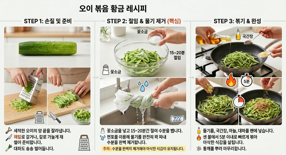 [인포그래픽] 기사를 바탕으로 AI가 생성했습니다. 오이볶음(오이나물)은 채칼로 썬 뒤 소금에 절이고 물기를 꼭 짜준다. 이후 프라이팬에서 양념을 더하고 빠르게 볶아내는 것이 핵심이다.