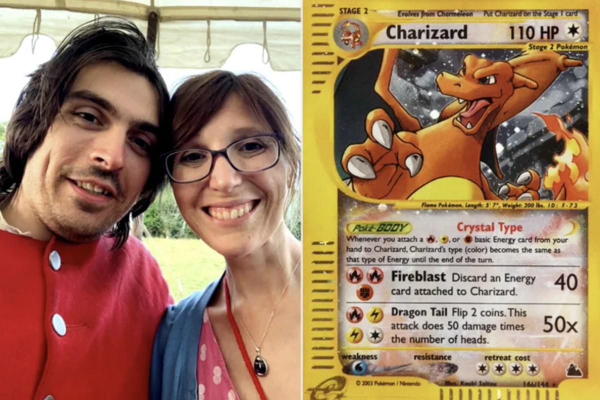 앤드류 브라운과 약혼녀 레이첼 모슬리, 오른쪽은 스카이리지 리자몽 홀로그램 카드.      /  피플 캡처