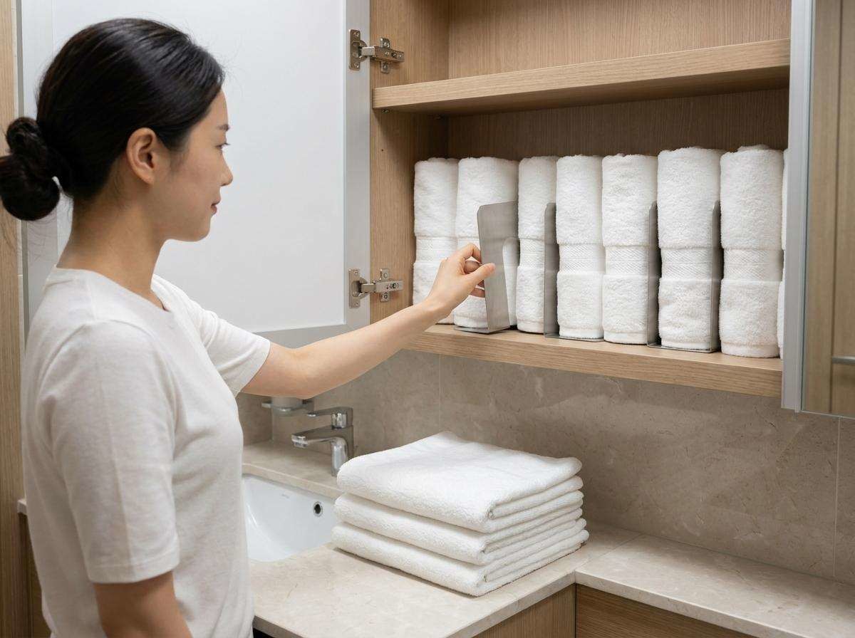 책꽂이로 욕실 수건 쓰러지지 않게 세우는 꿀팁. 기사 내용 토대로 AI툴 활용해 제작한 자료사진.