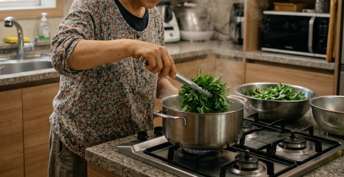 쑥을 데치는 모습. AI가 생성한 자료사진.