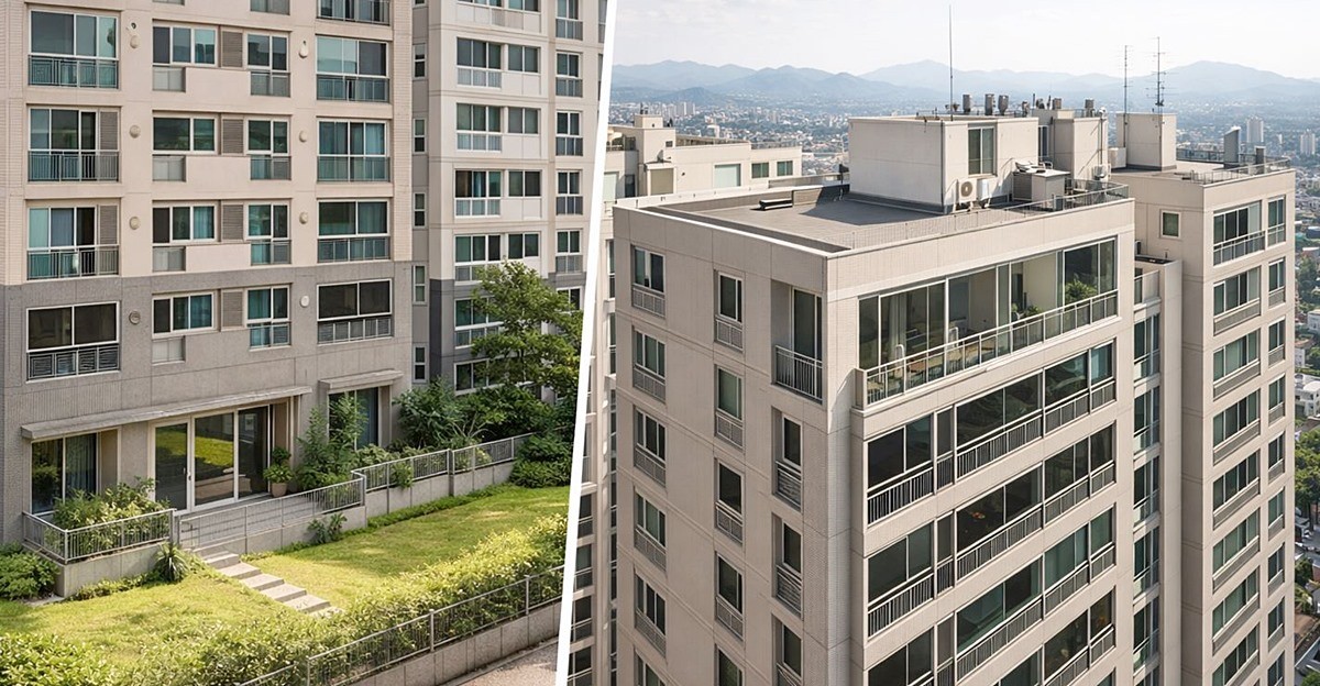 아파트 1층(왼쪽)과 탑층 모습. 기사 이해를 돕기 위해 AI를 활용해 제작한 자료 사진입니다. 실제 모습과 다소 차이가 있을 수 있습니다.