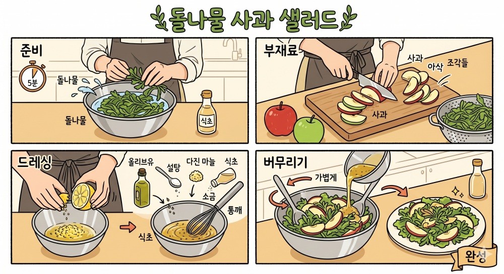 [만화] 돌나물 샐러드 조리 방법. AI툴로 생성됐습니다.