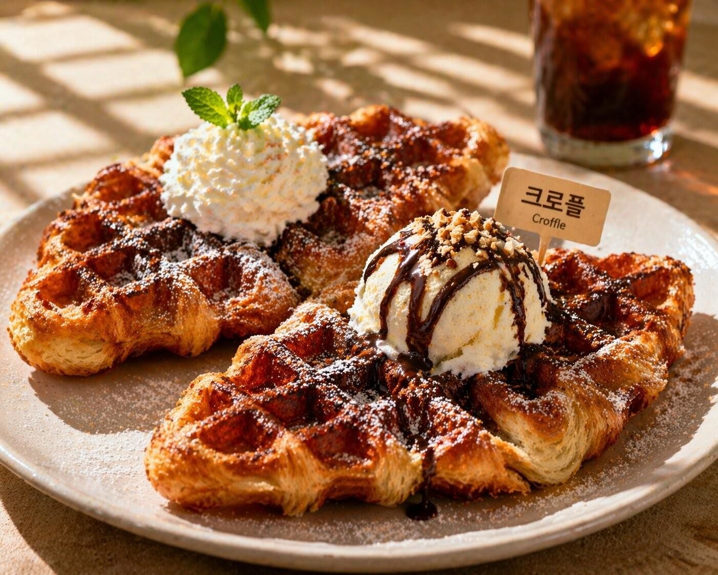 바삭한 크루아상과 와플을 결합한 디저트 ‘크로플’ 위에 아이스크림과 생크림, 초콜릿 소스가 올려진 모습. / AI가 생성한 자료사진