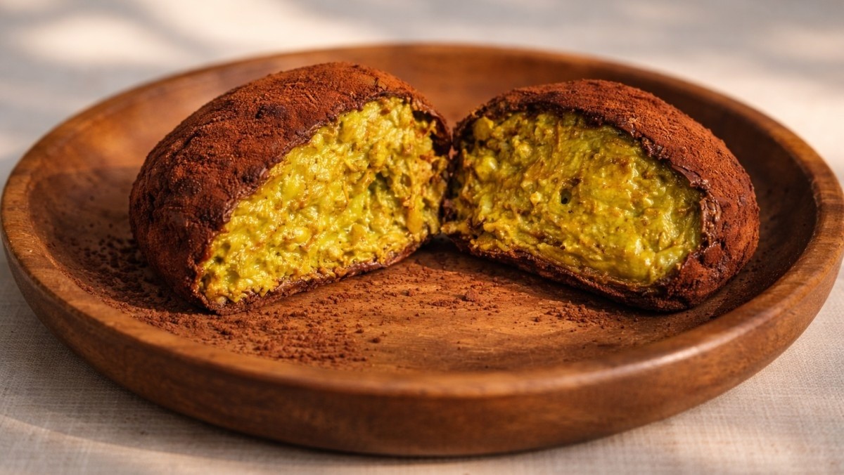 코코아 파우더가 묻은 초콜릿 디저트 안에 피스타치오 크림이 가득 채워진 ‘두바이 쫀득 쿠키’ 모습. 한입 베어 물면 다양한 식감과 풍미가 동시에 느껴지는 것이 특징이다. / AI가 생성한 자료사진