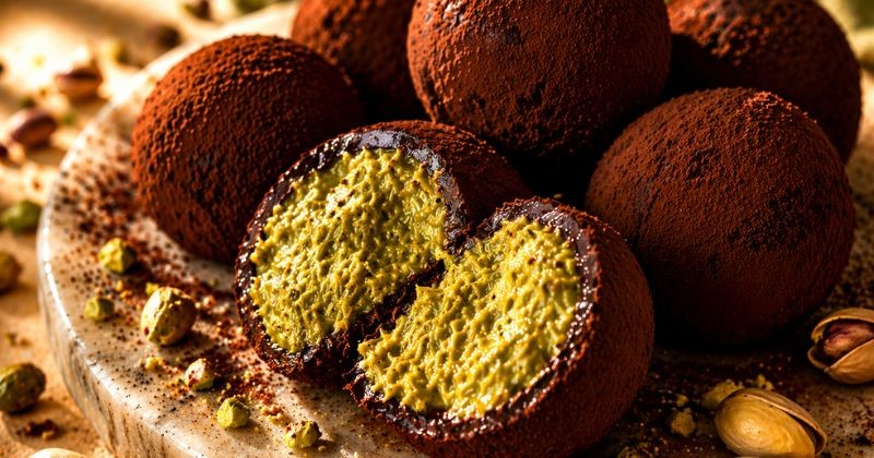 초콜릿 코팅 안에 피스타치오 크림이 가득 들어간 ‘두바이 쫀득 쿠키’ 단면 모습. 쫀득한 식감과 고소한 피스타치오 풍미가 특징으로, 한국에서 시작된 디저트 트렌드로 주목받고 있다. / AI가 생성한 자료사진