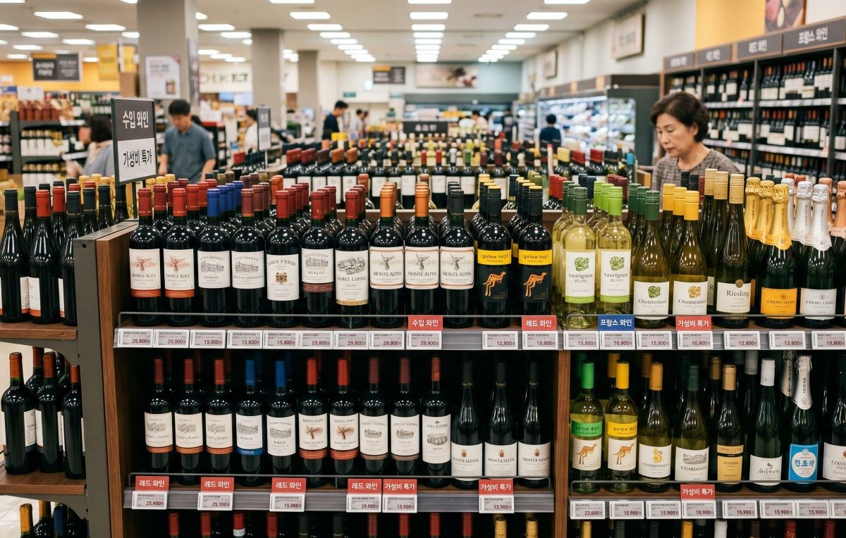 마트에 진열된 와인들. 기사 내용 토대로 AI툴 활용해 제작한 자료사진.