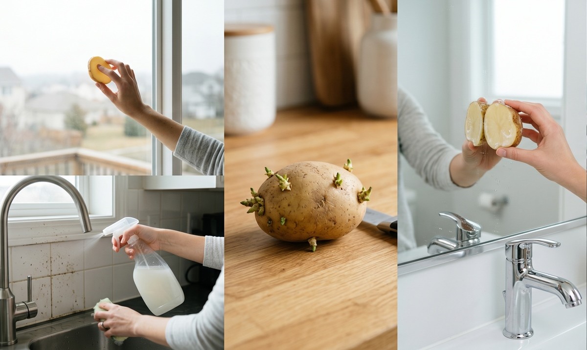 싹이 난 감자를 활용해 집안 곳곳을 청소하는 모습 / AI 생성 이미지