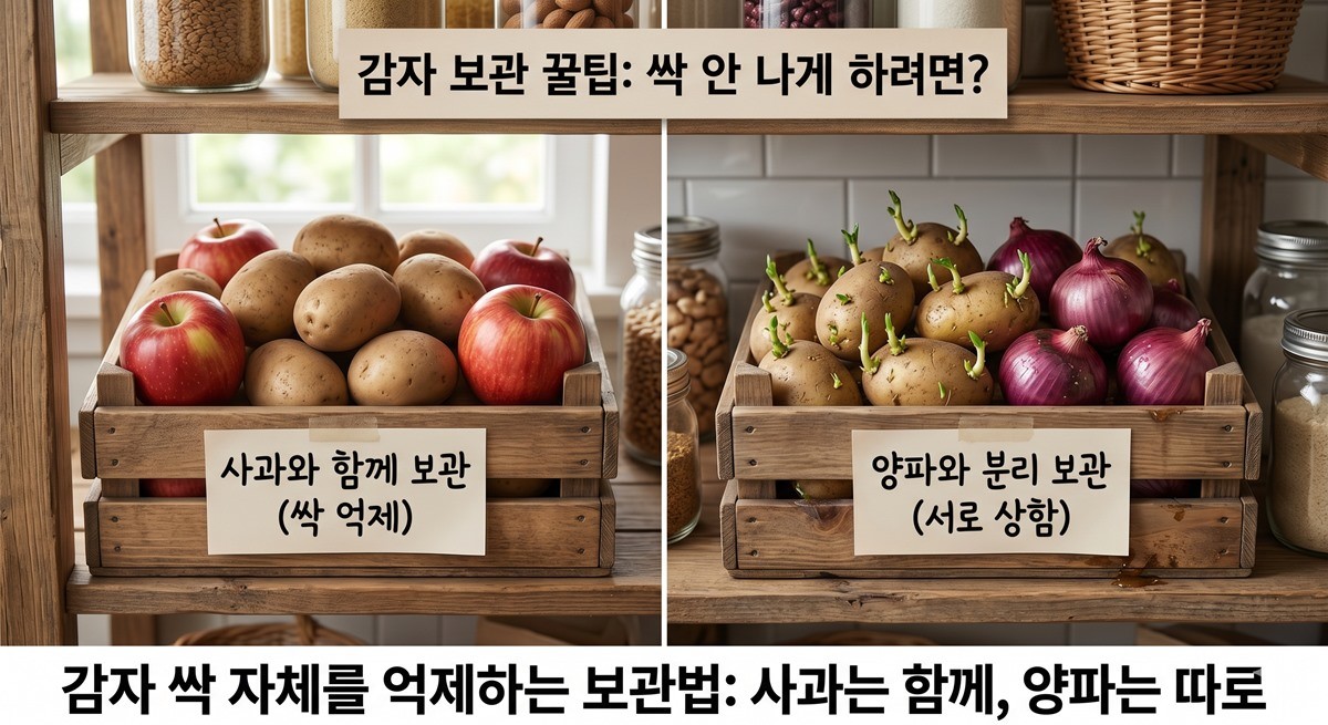 감자는 사과와 함께, 양파와는 따로 보관하면 싹이 나는 걸 억제할 수 있다. / AI 생성 이미지