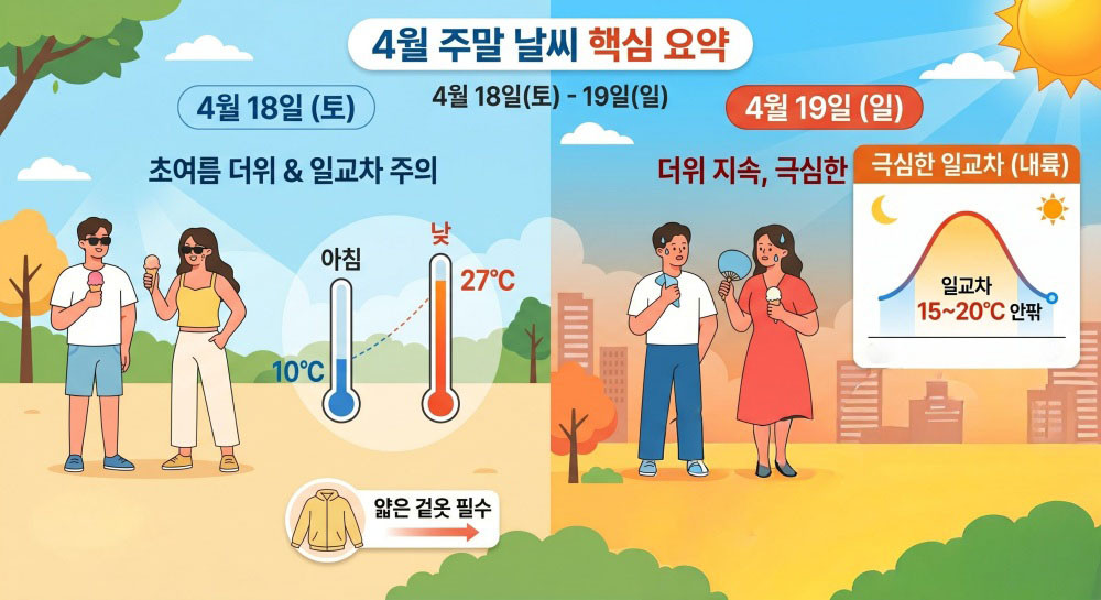 [인포그래픽] 기사를 바탕으로 AI가 생성한 인포그래픽 이미지. 18일과 19일에는 초여름 더위가 이어질 것으로 전망됐다. 단, 일교차가 커 주의가 필요하다.