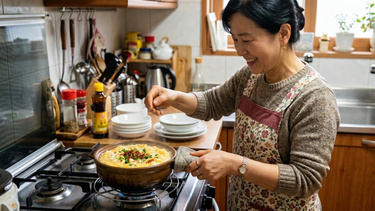 계란찜을 만드는 주부. 맛있는 계란찜이 보글보글 끓고 있다. AI가 생성한 자료사진.