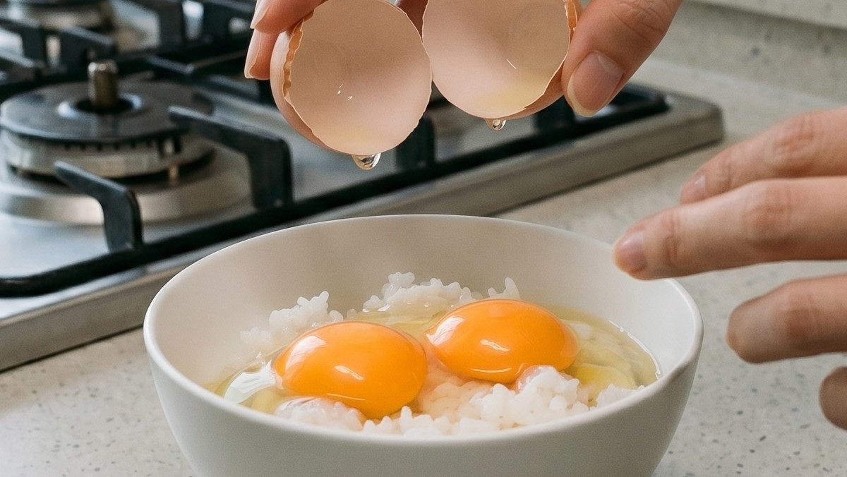 밥에 계란 두 개를 까 넣는 모습. AI툴로 생성한 자료사진.