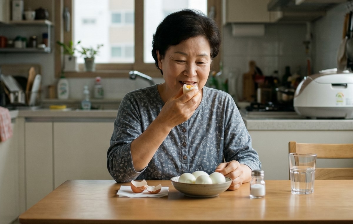 아침에 계란을 먹는 사람. AI툴로 생성한 자료사진.
