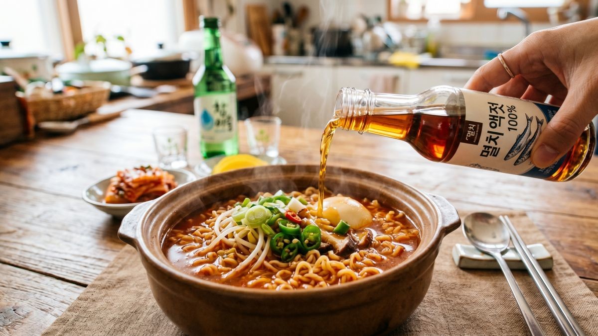 라면에 액젓을 붓는 모습 (AI로 제작)