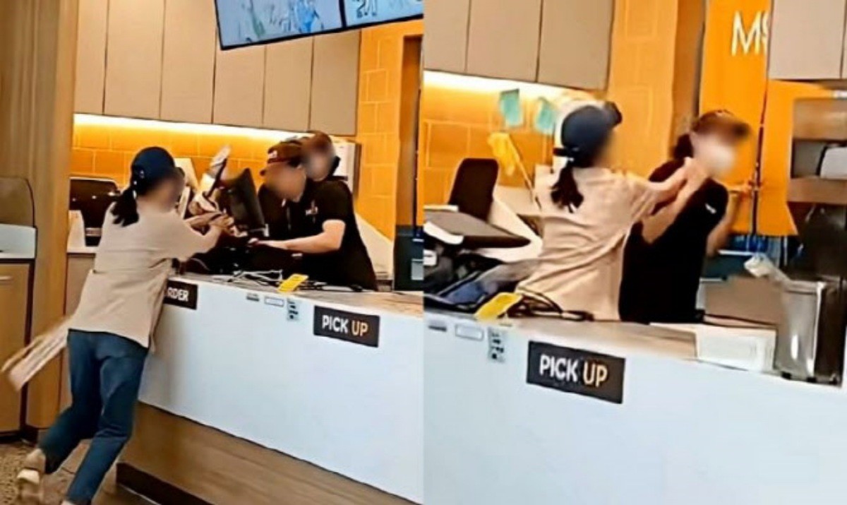 음료 리필을 거절했다는 이유로 한 프랜차이즈 가맹 매장에서 난동 부린 여성의 모습.  / 유튜브 영상 캡처