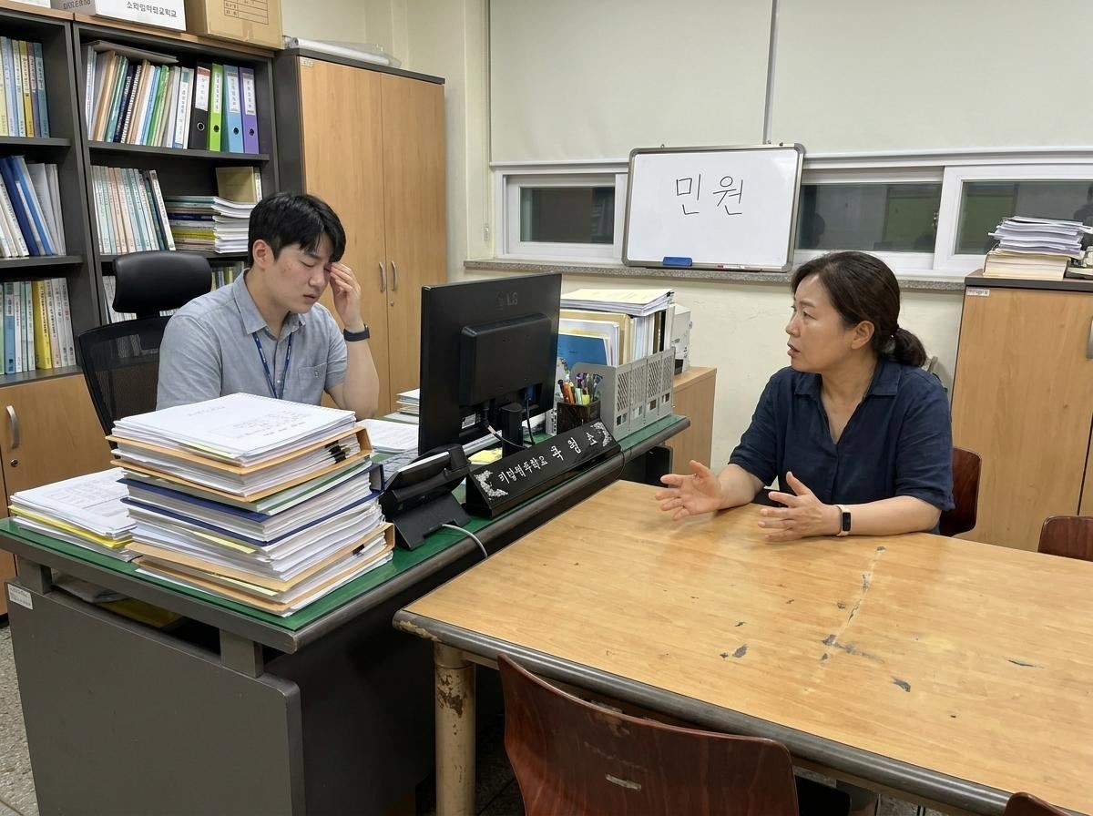 민원인 처리 중인 교사. 기사 내용 토대로 AI툴 활용해 제작한 자료사진.