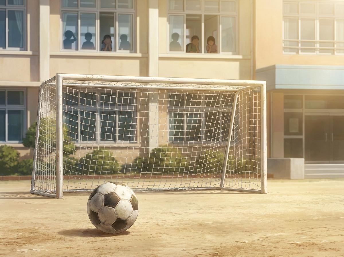 학교 운동장 축구 골대와 축구공. 기사 내용 토대로 AI툴 활용해 제작한 자료사진.