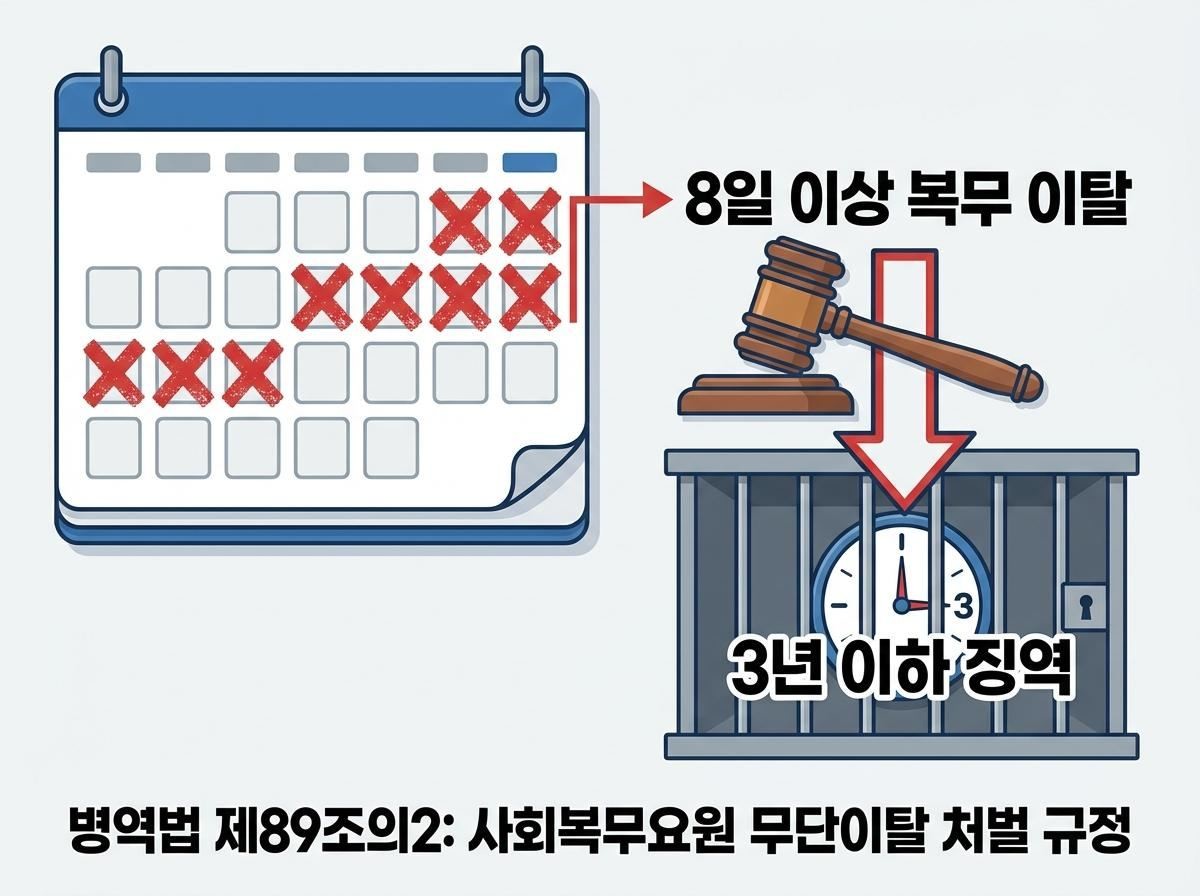 병역법 제89조의2는 사회복무요원이 정당한 사유 없이 통틀어 8일 이상 복무를 이탈한 경우 3년 이하의 징역에 처하도록 규정하고 있다. 기사 내용 토대로 AI툴 활용해 제작한 자료사진.