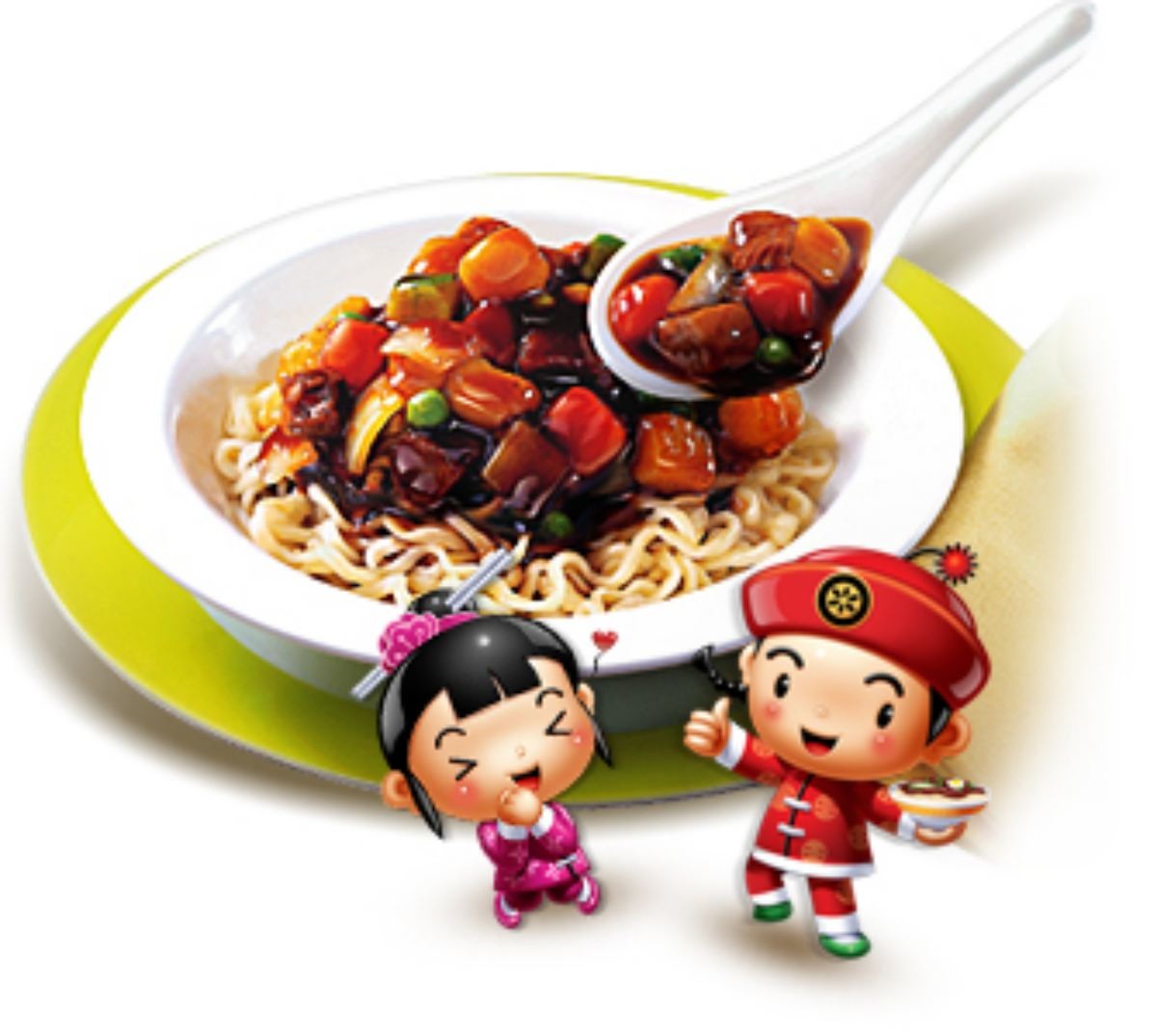 농심 짜파게티 관련 이미지. 캐릭터와 함께 농심 짜파게티가 그릇에 담겨있다. / 농심 제공
