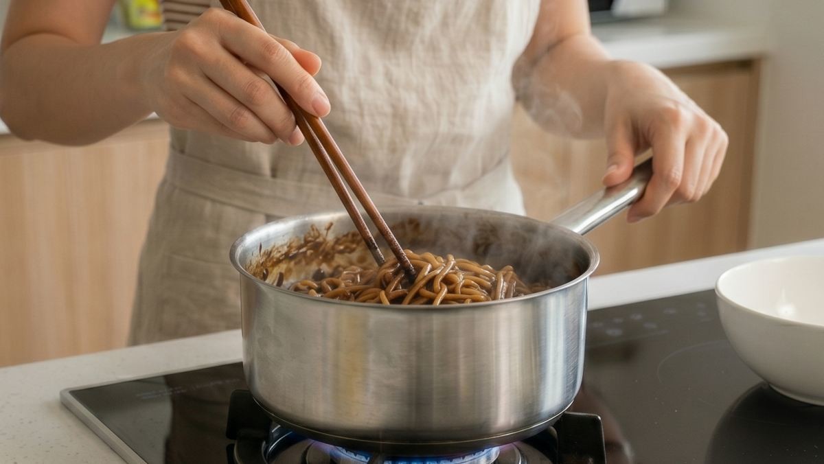 짜장라면을 맛있게 끓이고 있는 사람. 짜장라면을 맛있게 즐기는 방법에는 여러가지가 있다. AI가 생성한 자료사진.