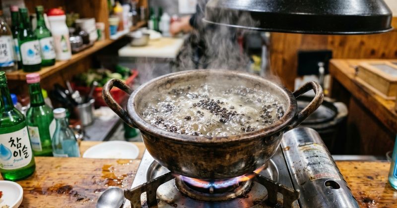 한국의 정겨운 선술집 분위기 속에서 작은 양은냄비에 소주가 보글보글 끓고 있는 모습입니다 / AI가 생성한 자료사진