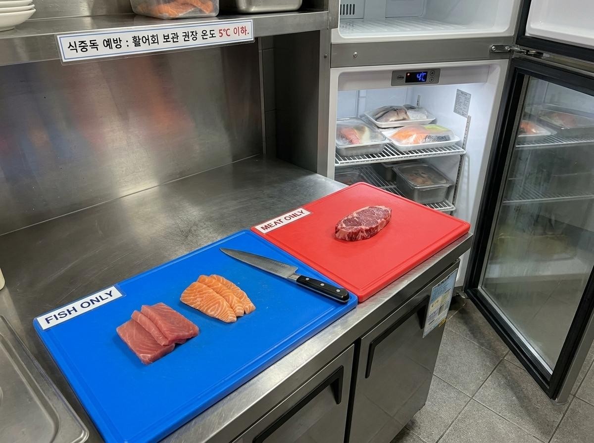 회를 손질할 때 칼과 도마를 따로 쓰는 모습. AI가 생성한 자료사진.