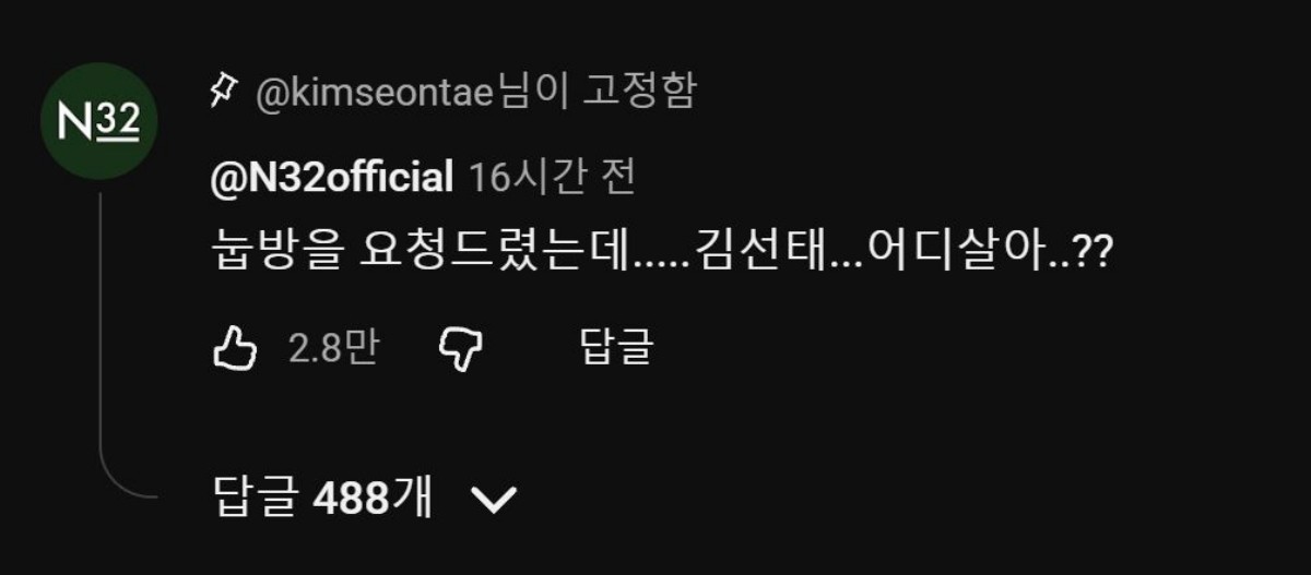 유튜브 '김선태' 채널 유튜브 댓글 캡처