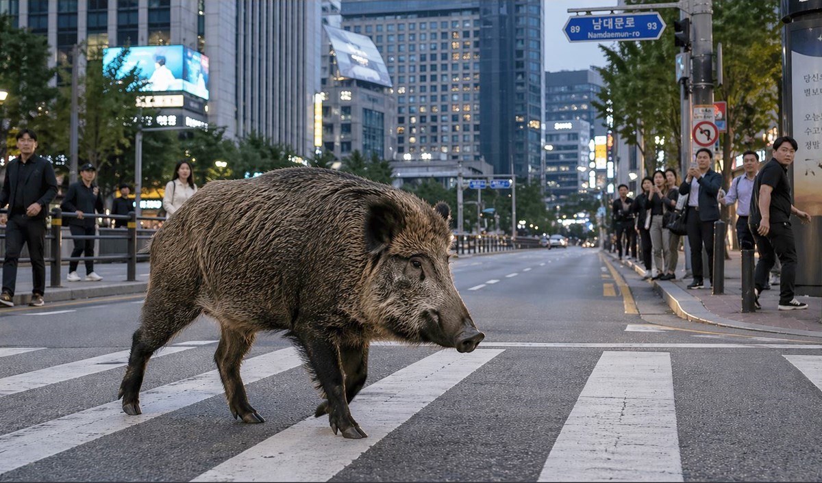 도심에 출몰한 멧돼지 모습. 기사 이해를 돕기 위해 AI를 활용해 제작한 자료 사진. 실제 모습과 다소 차이가 있을 수 있다. 소방 당국이 도심에서 멧돼지를 맞닥트리면 뛰거나 소리를 질러 자극하지 말고 침착하게 뒤로 물러나 숨어야 한다는 시민 행동요령을 안내했다. 이장주 세종소방본부 119대응과장은 '멧돼지가 놀라 흥분할 수 있고 등을 보이며 도망가면 공격 본능을 자극하기 때문에 멧돼지를 주시하며 침착하게 뒤로 물러나 자리를 피해야 한다'라고 말했다. 그러면서 '시력이 좋지 않은 멧돼지가 식별하지 못하도록 가장 가까운 나무, 바위 등 은폐물로 뒤로 숨은 뒤 즉시 신고해 달라'라고 당부했다.