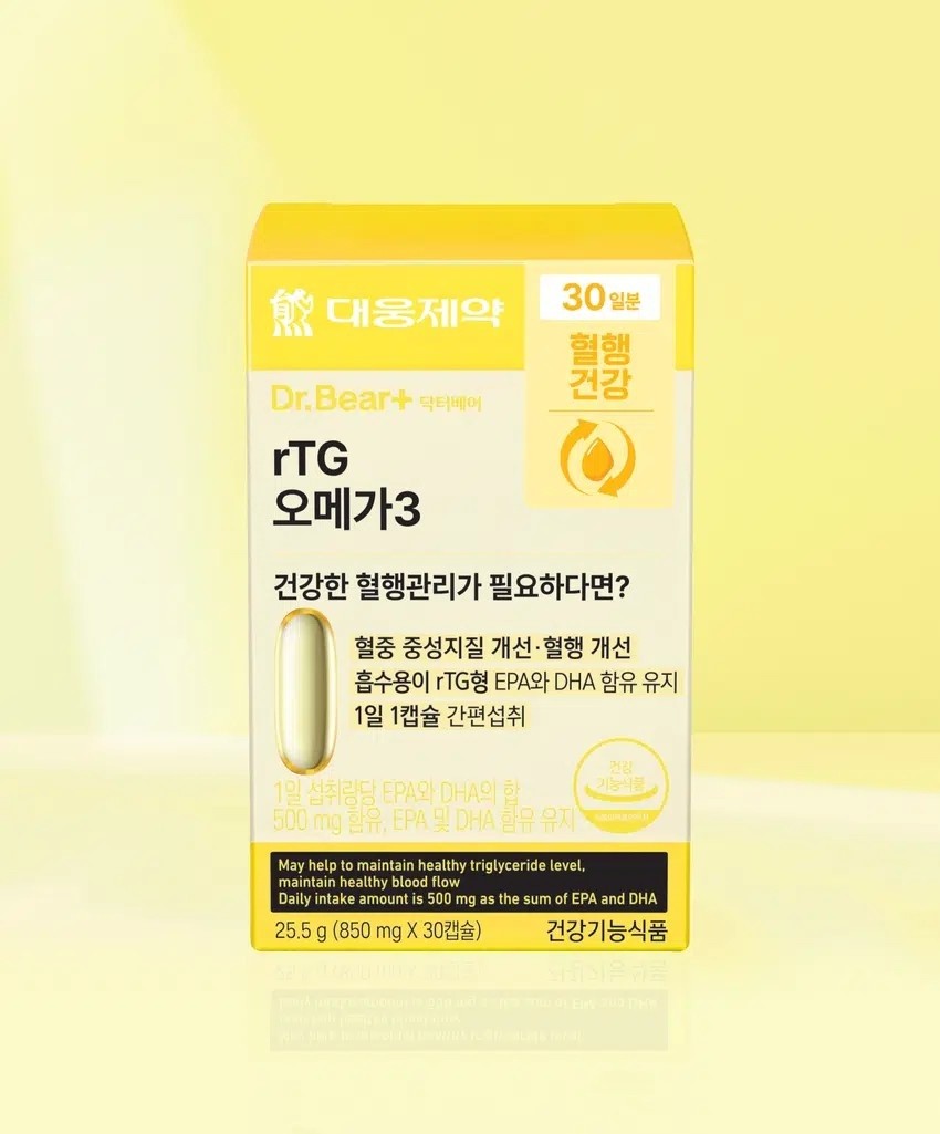 닥터베어 rTG 오메가3 제품으로, 혈행 개선과 중성지질 관리에 도움을 줄 수 있는 건강기능식품이다. / 다이소 공식 홈페이지