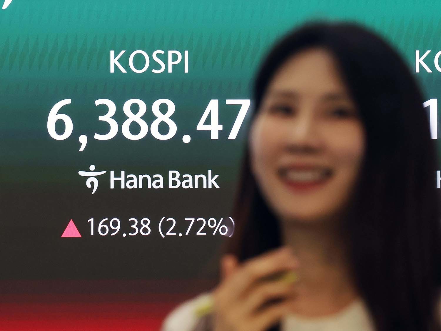 코스피 종가가 사상 최고치를 경신한 21일 오후 서울 중구 하나은행 딜링룸 현황판에 종가가 표시되고 있다. 이날 코스피는 전 거래일 대비 169.38포인트(2.72%)상승한 6,388.47, 코스닥은 4.18포인트(0.36%) 오른 1179.03으로 장을 마쳤다. / 뉴스1