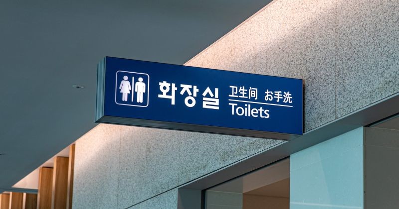 화장실 위에는 한국어와 영어로 '화장실'이라고 적힌 표지판이 붙어 있었습니다. 그리고 화장실의 위치를 알리기 위해 파란색 바탕에 흰색으로 남녀 모습이 그려진 표지판도 함께 있었습니다 / 셔터스톡