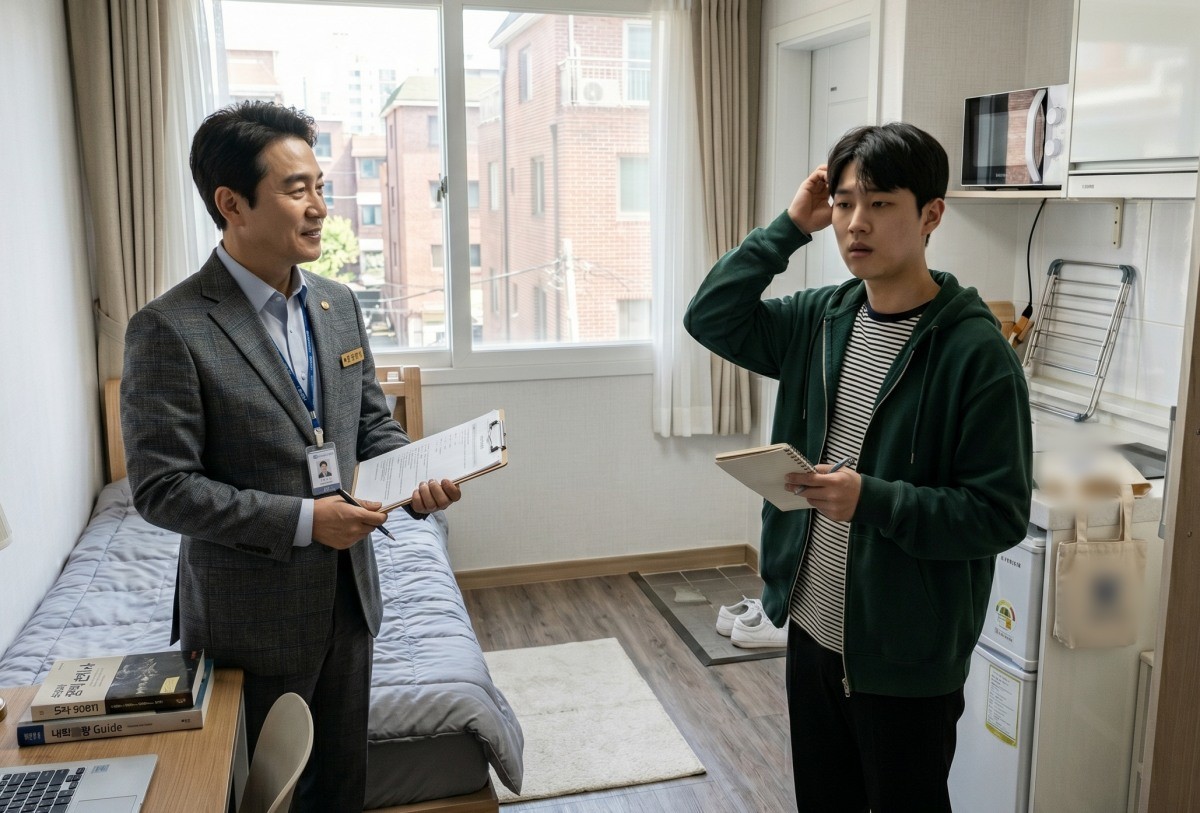 부동산 전문가와 거주할 원룸을 살펴보는 사람의 모습. AI툴로 생성한 자료사진.