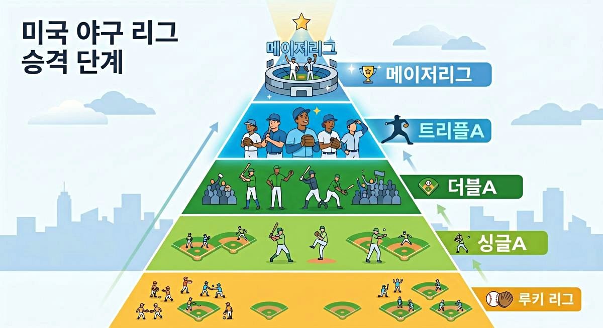 미국 야구 시스템에 대해 이해하기 쉽게 표현한 자료 이미지. 기사 내용 토대로 AI툴 활용해 제작한 자료사진.