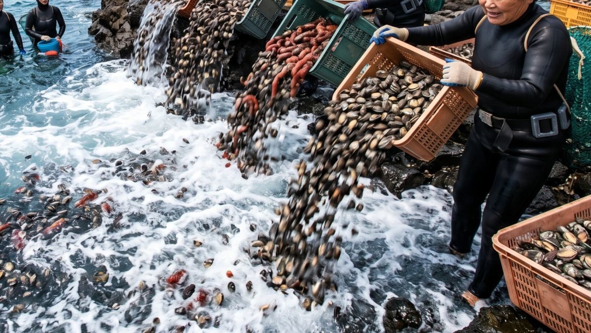 전복, 오분자기, 홍해삼 등을 대규모로 방류하는 모습. 기사 이해를 돕기 위해 AI가 생성한 자료사진. (실제와 직접적인 연관은 없음을 알립니다.)