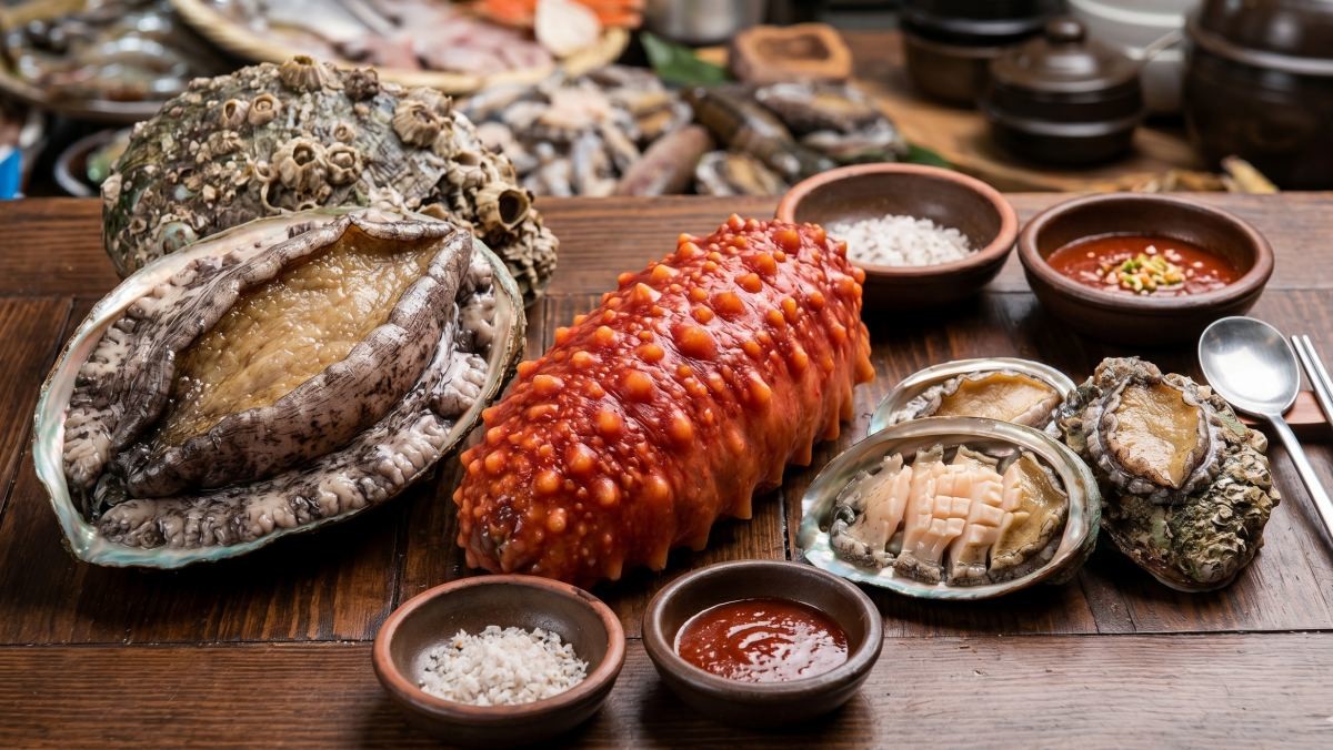 왼쪽부터 차례대로 전복, 홍해삼, 오분자기가 놓여있는 모습. 기사 이해를 돕기 위해 AI가 생성한 자료사진. (실제와 차이가 있을 수 있음을 알립니다.)