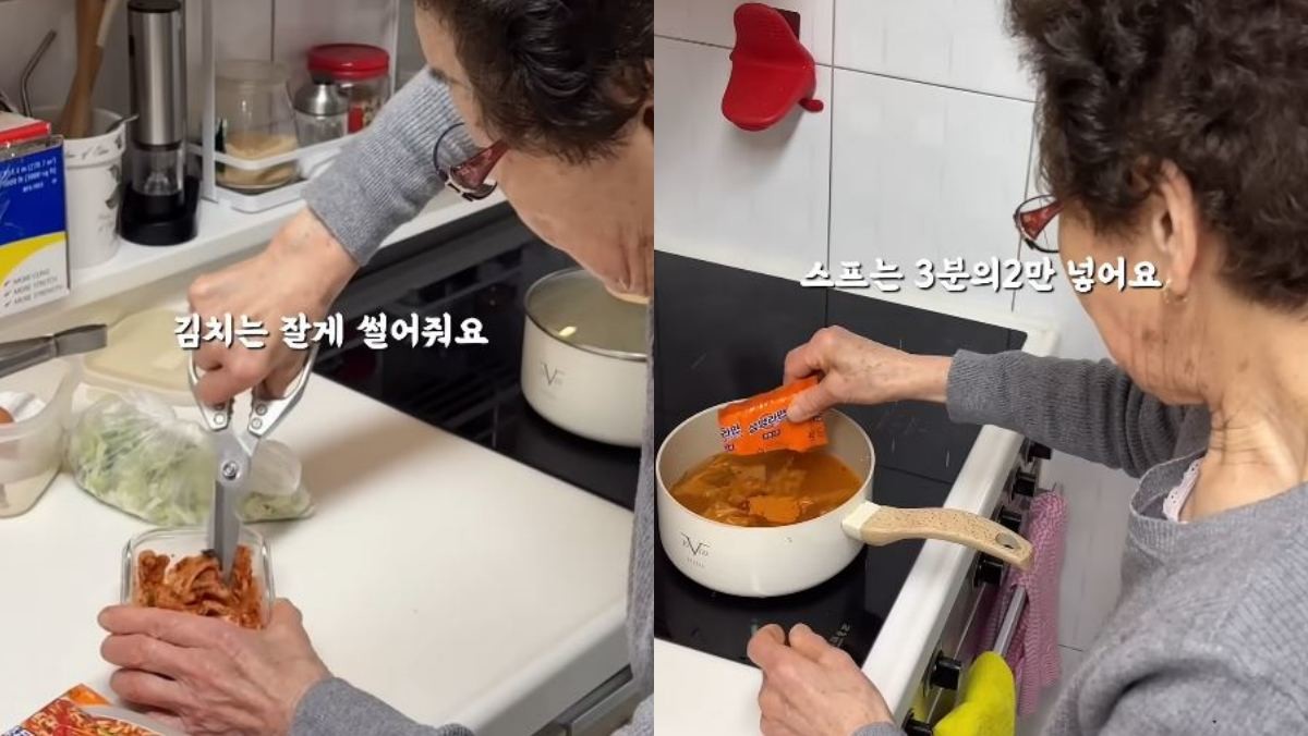 라면에 들어갈 김치를 잘게 짜르는 모습(왼)과 라면 스프의 3분의 2를 냄비에 넣는 모습(오). 라면에 김치를 넣는 대신, 라면 스프의 양을 조절해 염도를 조절한다. / 유튜브 '43년생하선옥씨'