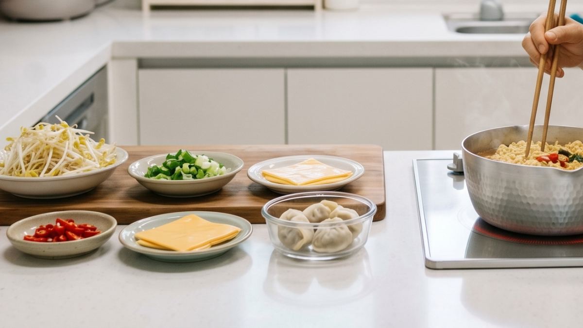 라면과 어울리는 다양한 재료들이 놓여있는 모습. 기사 이해를 돕기 위해 AI가 생성한 자료사진.