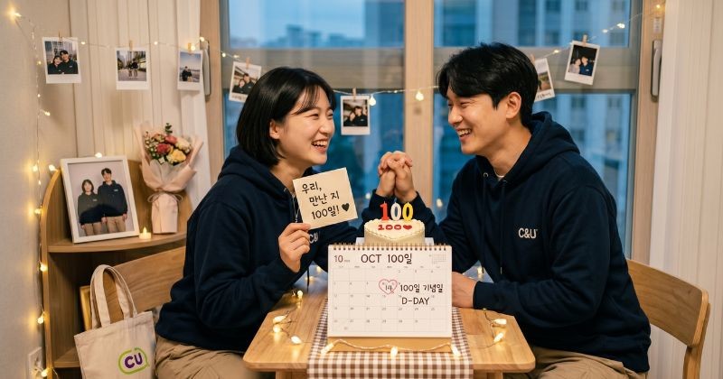 따뜻한 실내 조명 아래, 커플티를 맞춰 입은 남녀가 '100일 기념일'과'D-DAY'가 선명하게 적힌 달력과 숫자 '100' 초가 꽂힌 케이크를 앞에 두고 서로의 손을 맞잡으며 행복하게 웃고 있는 다정하고 로맨틱한 기념일의 풍경입니다. /     AI가 생성한 자료사진