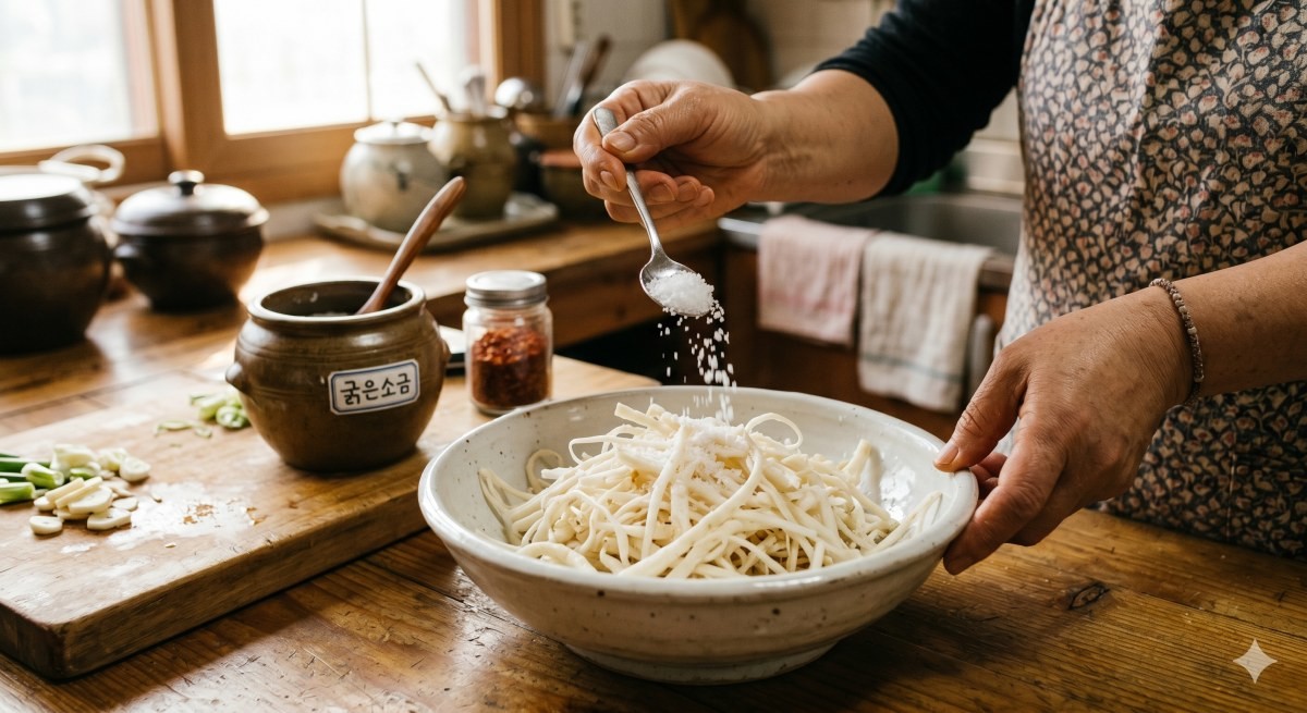 도라지에 소금을 뿌리는 모습 (AI로 제작)
