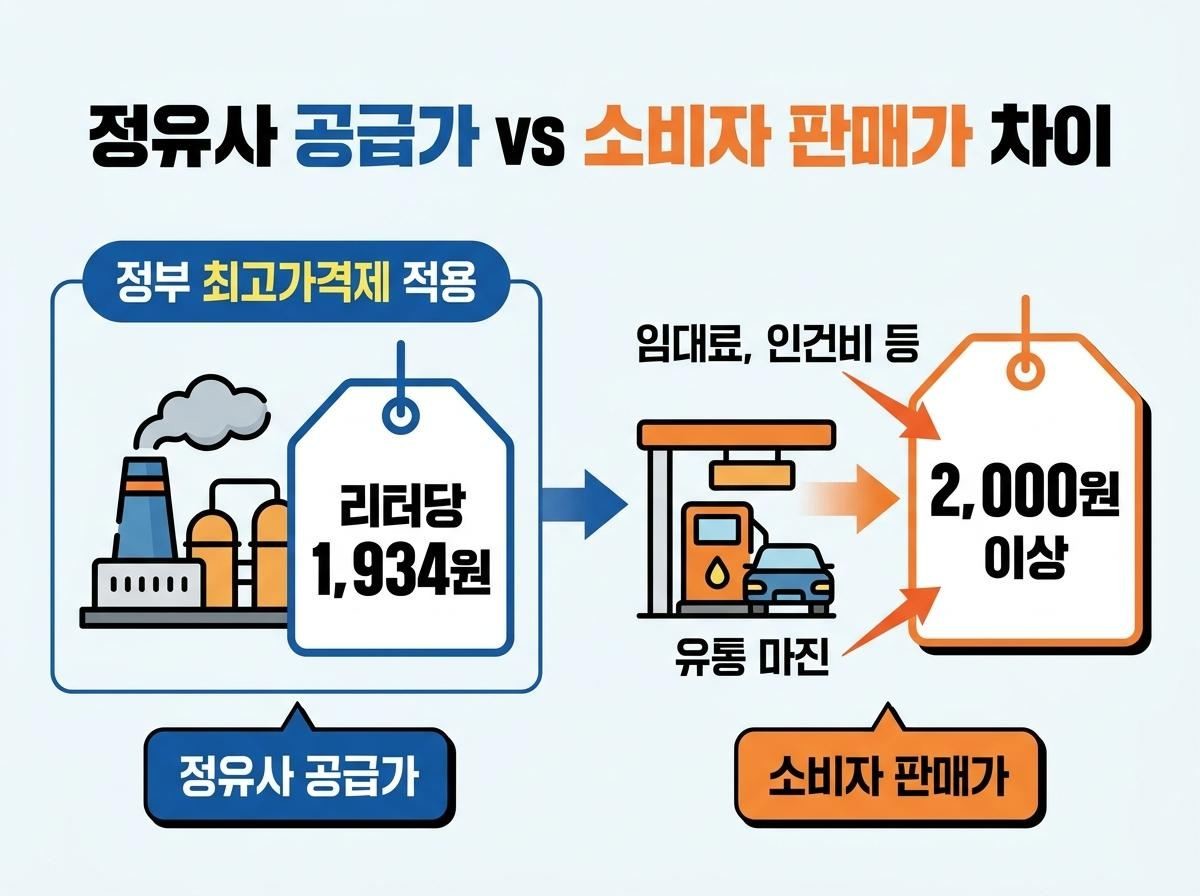 석유 최고가격제 시행에도 정유사 공급가와 소비자 판매가에는 격차 존재. 기사 내용 토대로 AI툴 활용해 제작한 자료사진.