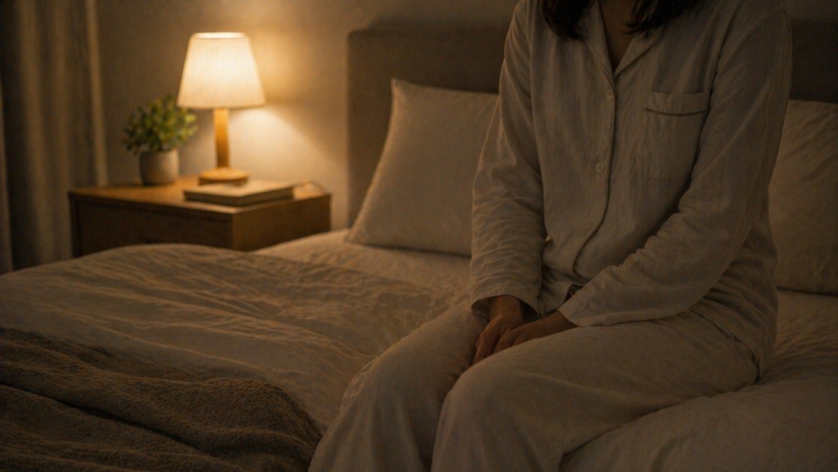 침대에 걸터앉은 모습 / 기사 내용을 바탕으로 제작한 AI 이미지