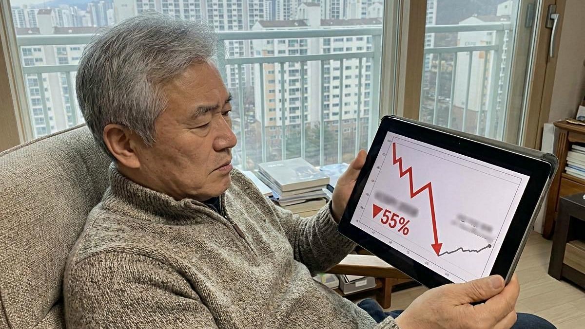 거실에서 60대 한국인 남성이 심각한 표정으로 태블릿 PC의 하락하는 주식 그래프를 보고 있는 모습. 기사 내용 토대로 AI툴 활용해 제작한 자료사진.