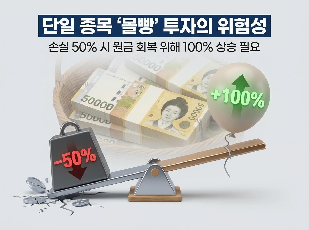 단일 종목 '몰빵' 투자의 위험성을 경고하는 인포그래픽. 기사 내용 토대로 AI툴 활용해 제작한 자료사진.