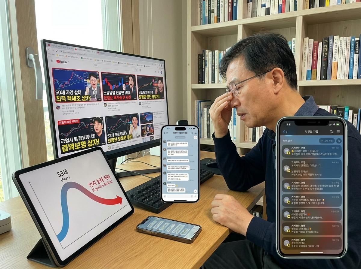 서재 책상 앞에서 안경을 쓴 60대 한국인 남성이 복잡한 주식 분석 유튜브 영상들이 띄워진 모니터와 쏟아지는 단톡방 메시지가 온 스마트폰을 번갈아 보며 혼란스러운 듯 관자놀이를 짚고 있는 모습. 기사 내용 토대로 AI툴 활용해 제작한 자료사진.