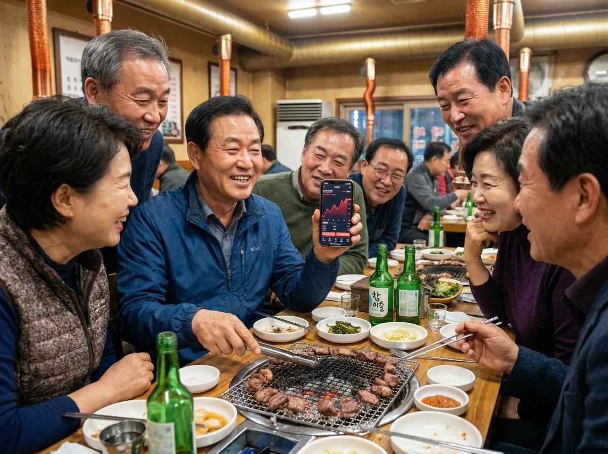 한국의 전통적인 고깃집 식당 배경. 60대 한국인 남녀 동창생들이 모여 앉아 즐겁게 대화하던 중, 한 남성이 자신의 스마트폰 주식 화면을 보여주며 자랑하고 있고 주변 친구들이 부러운 표정으로 집중해서 들여다보는 장면. 기사 내용 토대로 AI툴 활용해 제작한 자료사진.