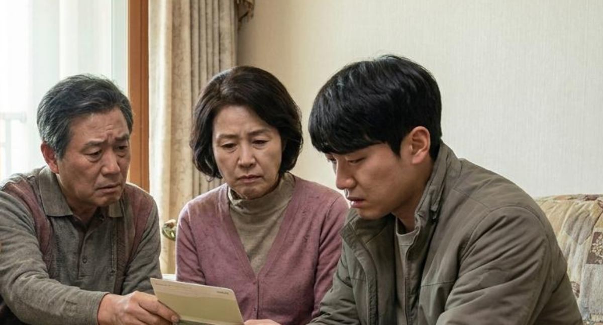 아파트 거실 소파에 앉아있는 60대 한국인 부모가 걱정스러운 표정으로 30대 아들에게 통장을 건네주고 있다. 기사 내용 토대로 AI툴 활용해 제작한 자료사진.