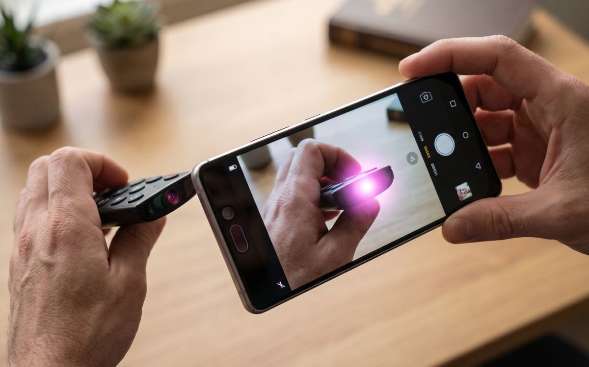 '5초 진단법'. 여성이 소파에 앉아 스마트폰 카메라로 TV 리모컨 앞부분을 비추고 있다. 스마트폰 화면에는 리모컨 버튼을 누를 때마다 보라색 빛이 반짝이는 것이 선명하게 보인다. 기사 내용 토대로 AI툴 활용해 제작한 자료사진.