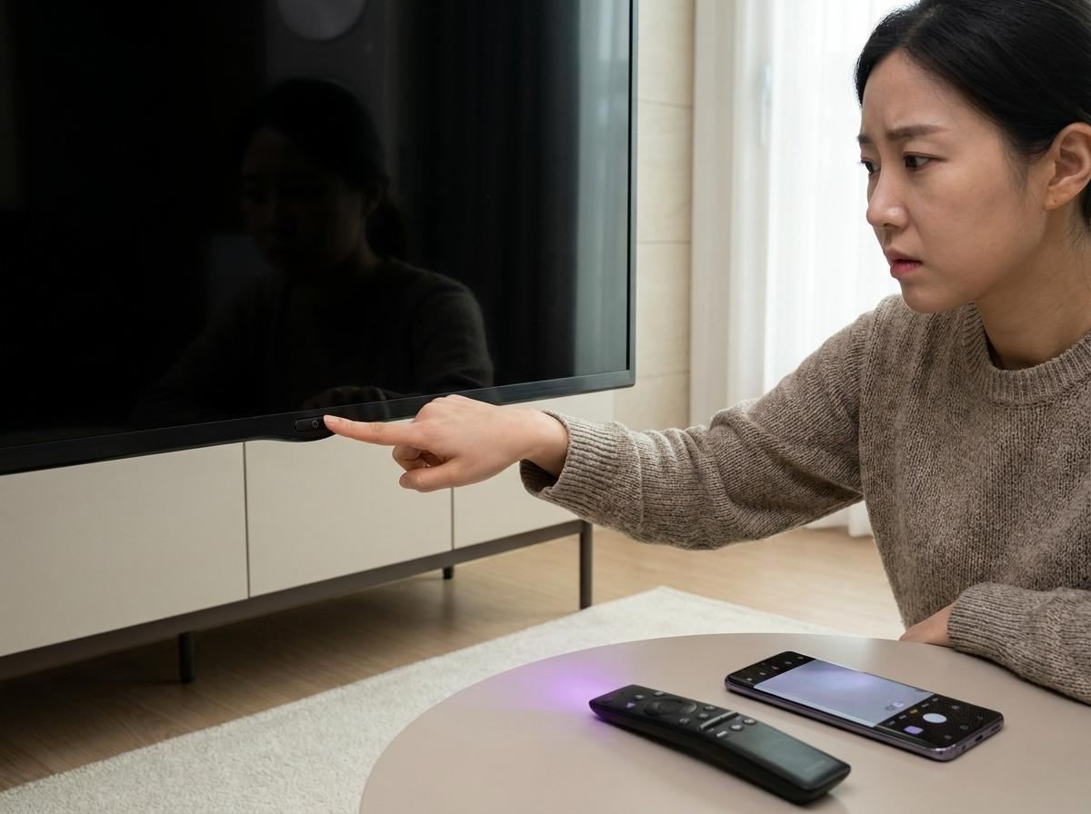 리모컨으로 TV가 켜지지 않자, 한 여성이 TV 아래쪽이나 측면에 위치한 물리적인 전원 버튼을 직접 손으로 눌러서 켜보고 있는 장면. 기사 내용 토대로 AI툴 활용해 제작한 자료사진.