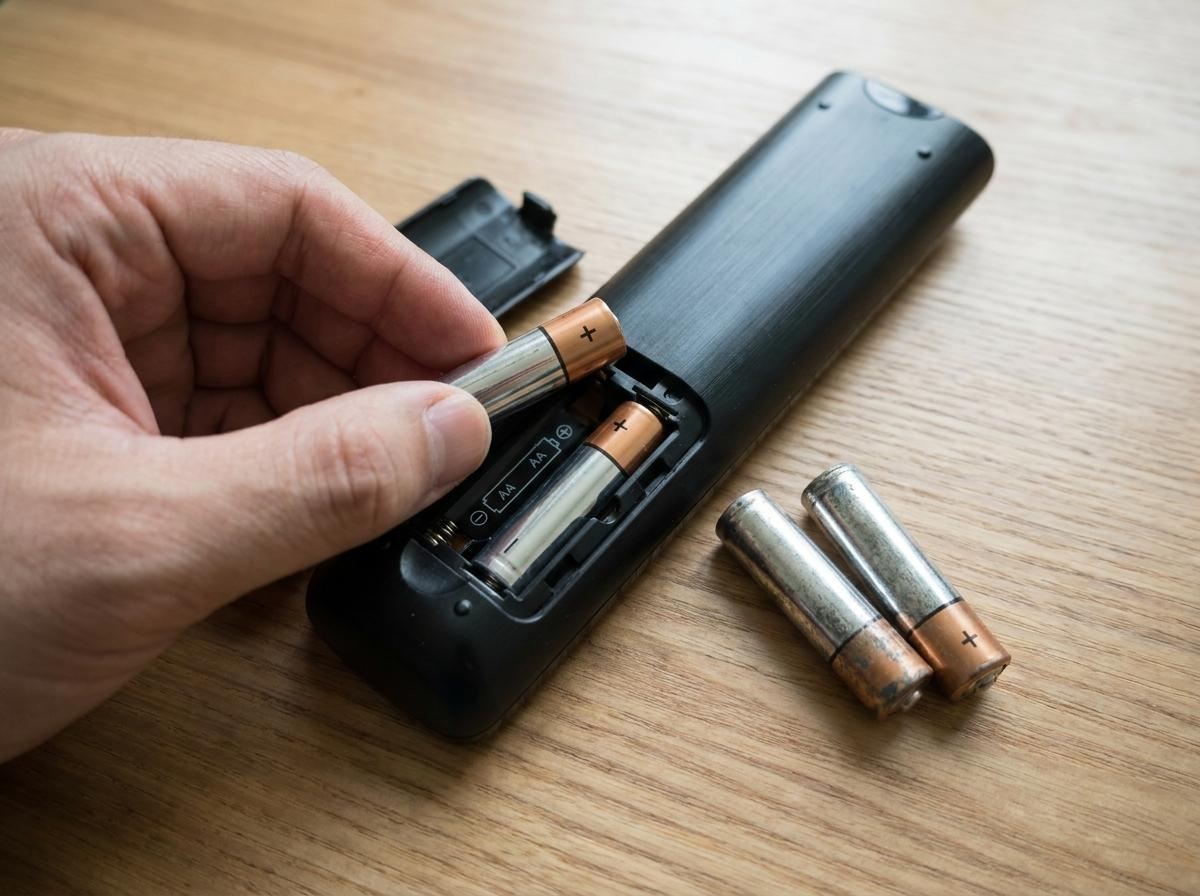 테이블 위에서 TV 리모컨 뒷면의 덮개를 열고 +, - 극성에 맞춰 새 건전지 두 개를 교체하고 있는 장면. 기사 내용 토대로 AI툴 활용해 제작한 자료사진.