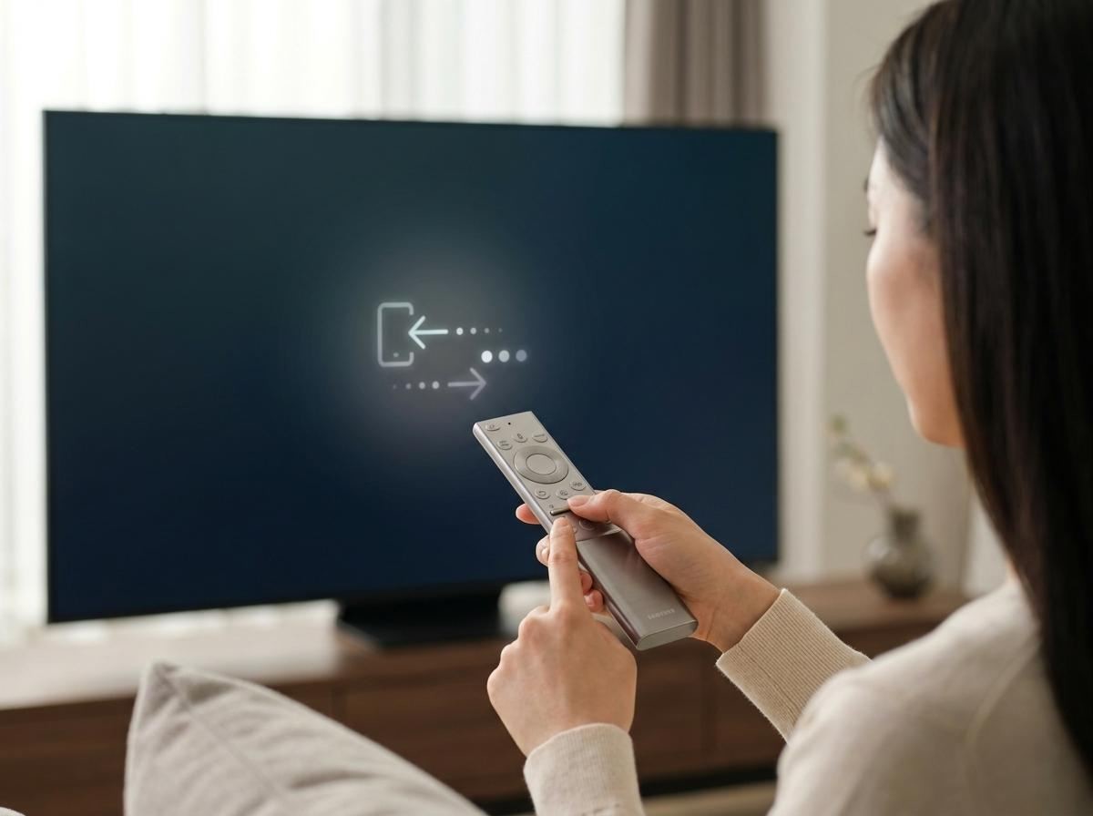 스마트 TV를 향해 스마트 리모컨을 들고 '복귀 버튼'과 '재생/일시정지 버튼'을 두 손가락으로 동시에 누르고 있는 모습. 기사 내용 토대로 AI툴 활용해 제작한 자료사진.